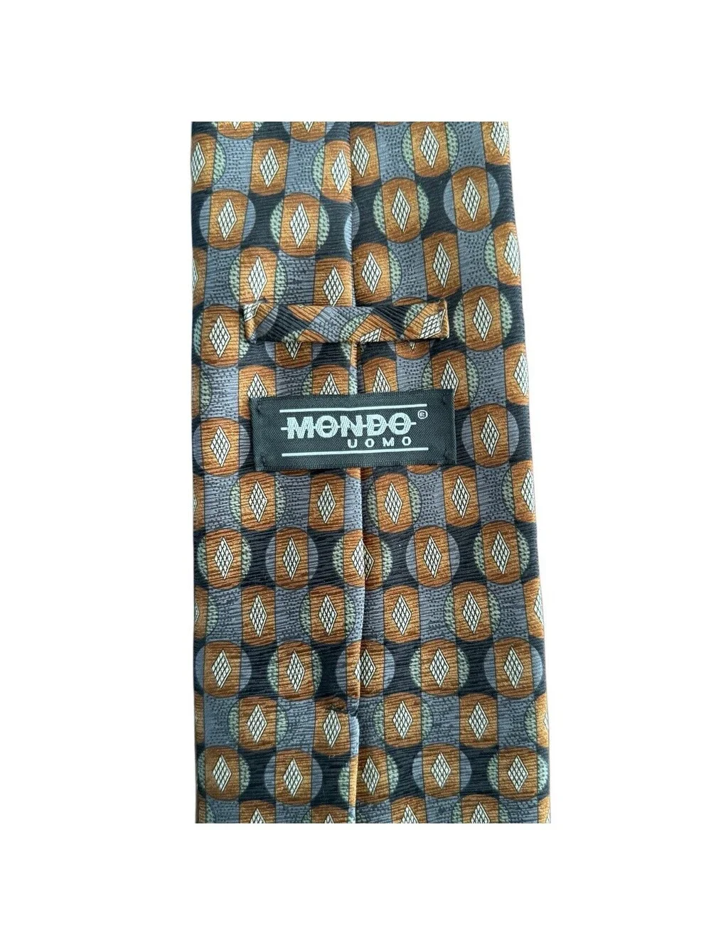 Mondo Uomo Tie 100% Silk Made in Italy Geometric Retro Pattern Brown Gray